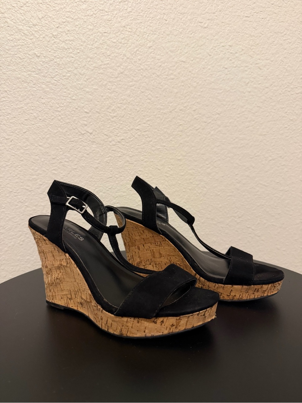 Charles by Charles David Black Suede Cork Wedge Sandals